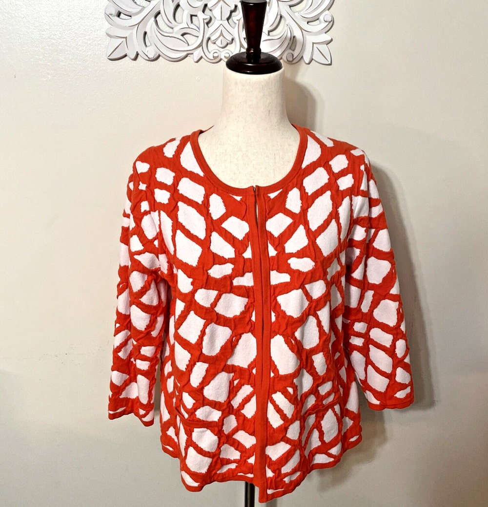 KASPER Women's MEDIUM Knit Cardigan Sweater Jacket 3/4 Sleeve WHITE ORANGE
